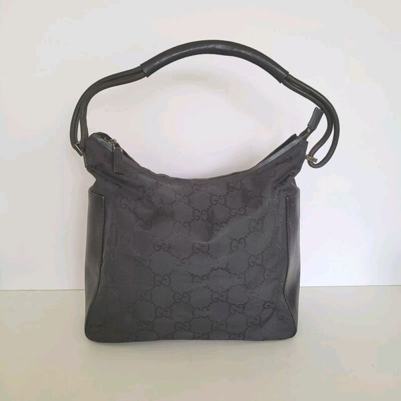 GUCCI GG Monogram Black Shoulder Bag Handbag Nylon Leather Trim Medium Zip Logo - Picture 1 of 13